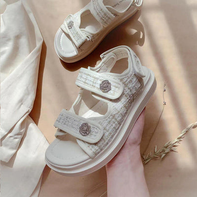 BeauToday Plaid Cloth Beige Summer Sandals for Women BEAU TODAY