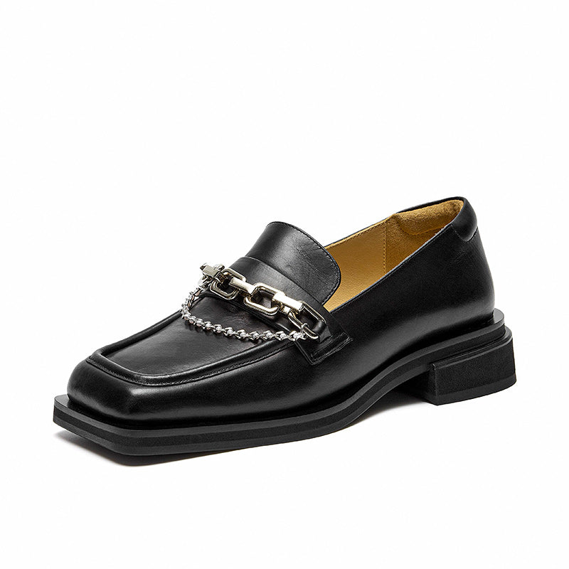 BeauToday Square Toe Leather Loafers with Metal Chain for Women BEAU TODAY