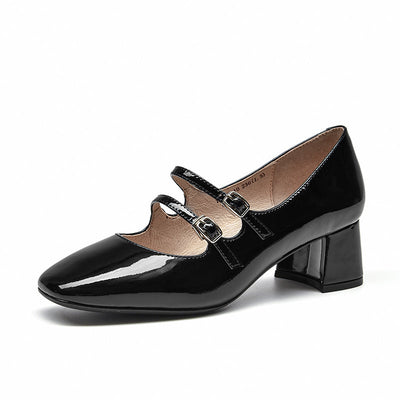 BeauToday Women Patent Leather Square Toe Heeled Mary Janes Pumps with Buckle Straps BEAU TODAY