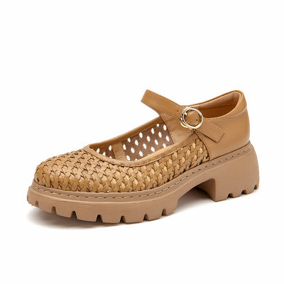 BeauToday Women's Hollowed-out Woven Mary Janes with Block Heel for Summer BEAU TODAY