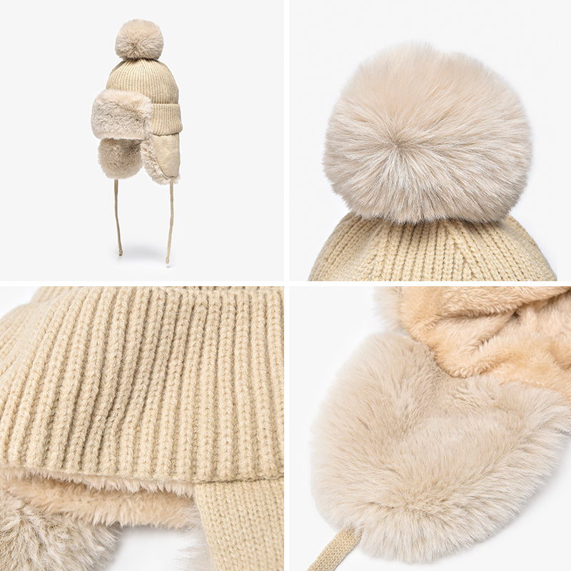 BeauToday Women's Winter Hats in Rabbit Fur with Adjustable Earflaps Pompom Outdoor Beanies BEAU TODAY