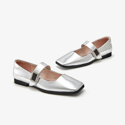 BeauToday Womens Handmade Leather Soft Ballet Flat with Square Toe in Silver BEAU TODAY