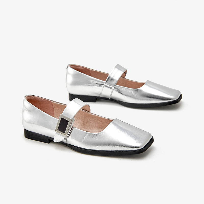 BeauToday Womens Handmade Leather Soft Ballet Flat with Square Toe in Silver BEAU TODAY
