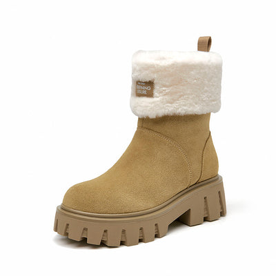 BeauToday  Wool Fur Ankle Snow Boots with  Jagged Outsole Square Heels for Women BEAU TODAY