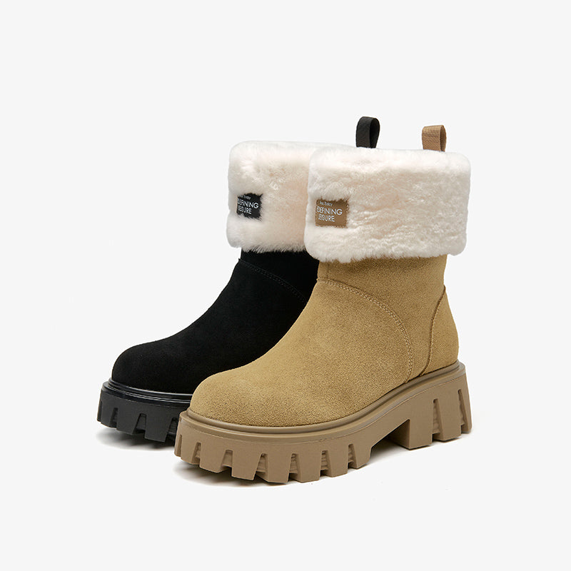 BeauToday  Wool Fur Ankle Snow Boots with  Jagged Outsole Square Heels for Women BEAU TODAY