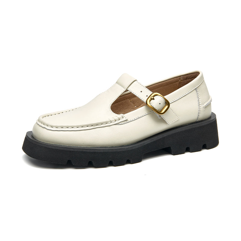 Beautoday Women Genuine Cow Leather T-strap Loafers with Buckle Decor
