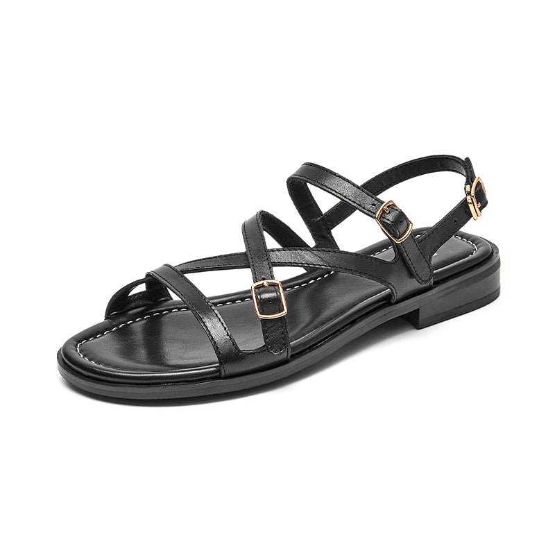 Beautoday Women's Leather Cross Strap Sandals with Metal Buckle Decor