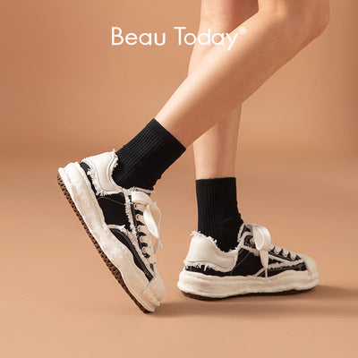 Women Cow leather Denim Patchwork Lace Up Platform Sneakers BEAU TODAY